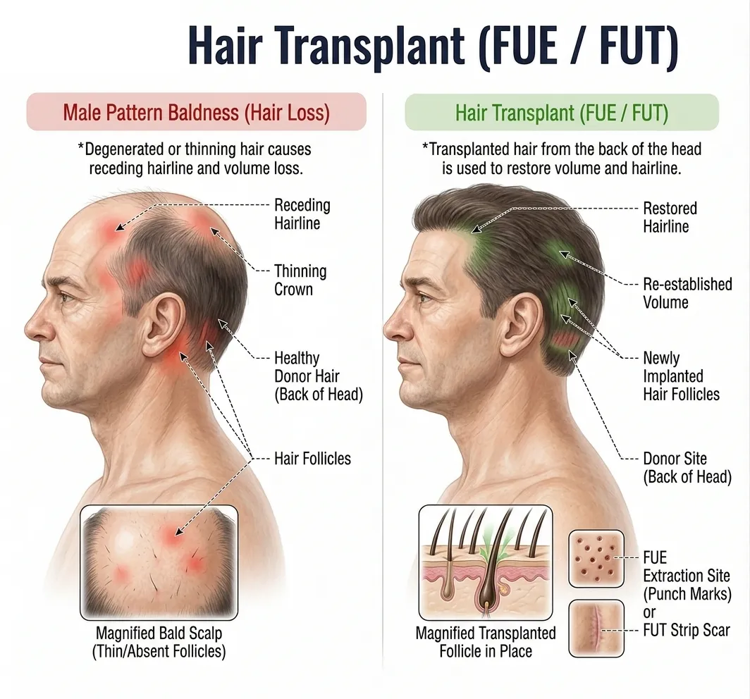 Hair Transplant (FUE / FUT) — anatomy diagram